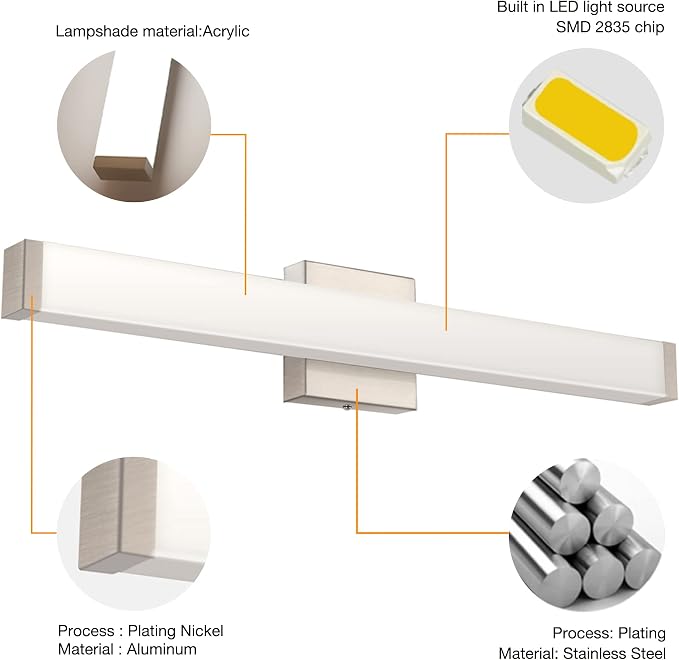 Bathroom Vanity Light Brushed Nickel Square LED 33.5inch 18W 4000K Natural - Image 2