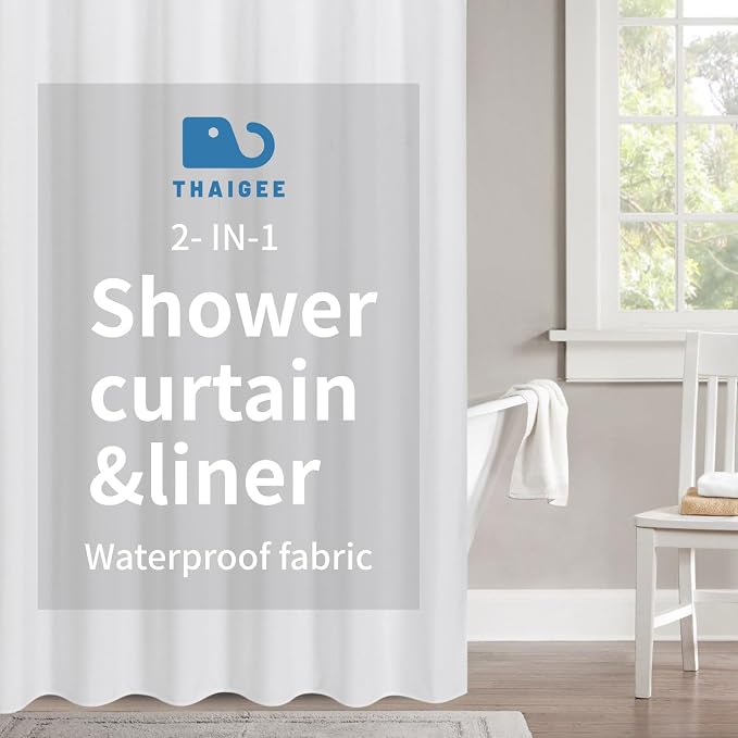 2-in-1 Waterproof Extra Long Fabric Shower Curtain or Liner, Linen Textured by THAIGEE