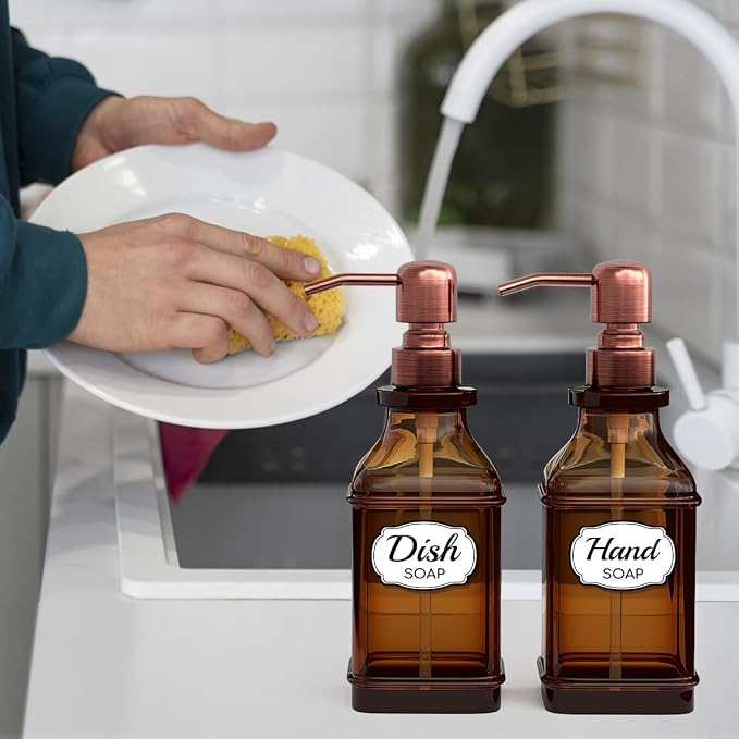 Soap Dispenser - 2 Pack, Antique Design Thick Amber Glass Hand Soap Dispensers - Image 8