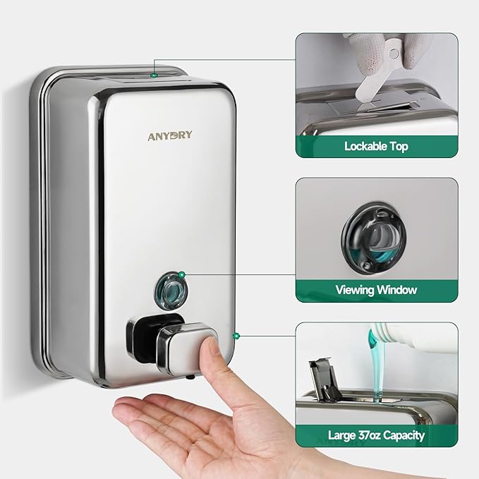 Commercial Wall Mounted Soap Dispenser 37oz 1100ml Large Capacity Polished - Image 5