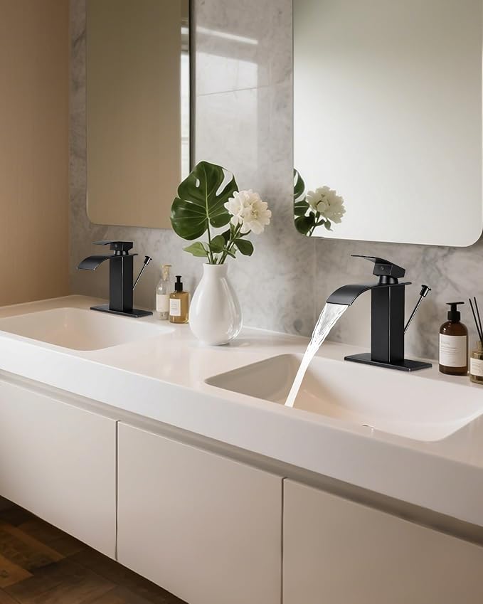 Bathroom Faucets with Lift Rod Drain Mater Black Waterfall Bathroom Sink Faucet - Image 7
