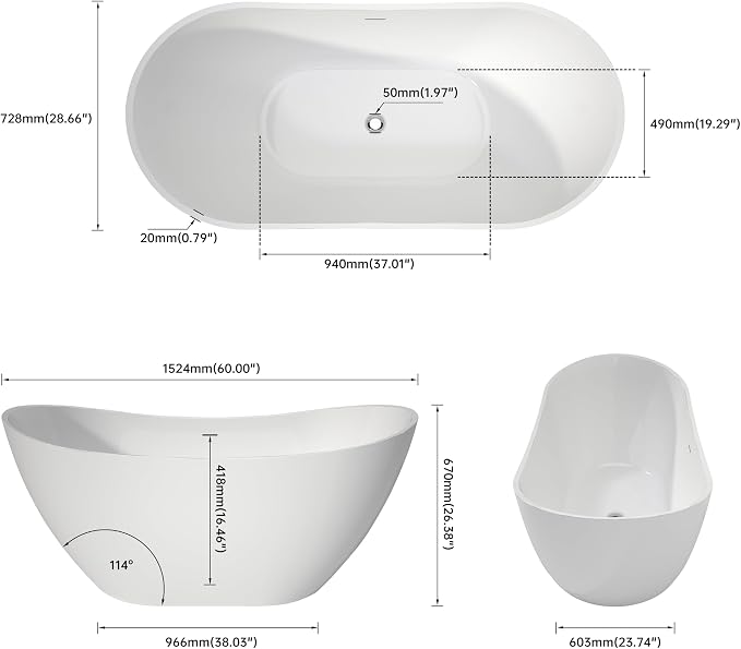 60" Acrylic Freestanding Bathtubs, High-back Stand Alone Tub, Soaking Tubs - Image 5