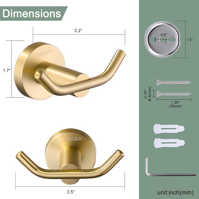 ARCORA Brushed Gold Towel Hooks, SUS 304 Stainless Steel Wall Hooks, Heavy Duty - Image 6