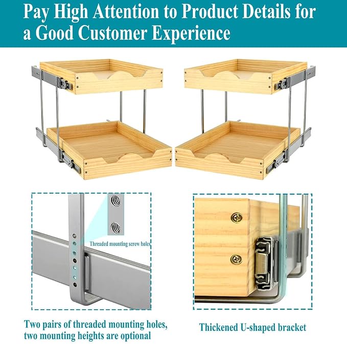 OCG 2 Tier Pull Out Cabinet Organizer, Double Tier Slide out Wood Drawer Shelf - Image 4