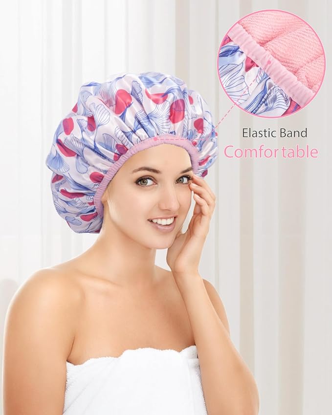 Auban Shower Cap, Shower Cap for Women Terry Cloth Lined EVA Exterior Reusable - Image 7