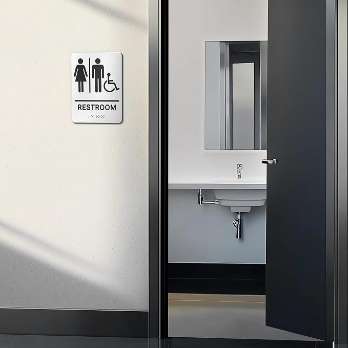 Restroom Sign, Brushed Aluminum ADA Raised Braille Restroom Signage - Image 6