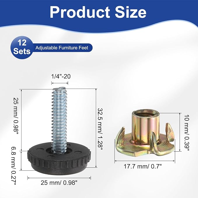 uxcell 1/4"-20 Thread Furniture Feet Levelers, 24Set 25mm L Adjustable - Image 2
