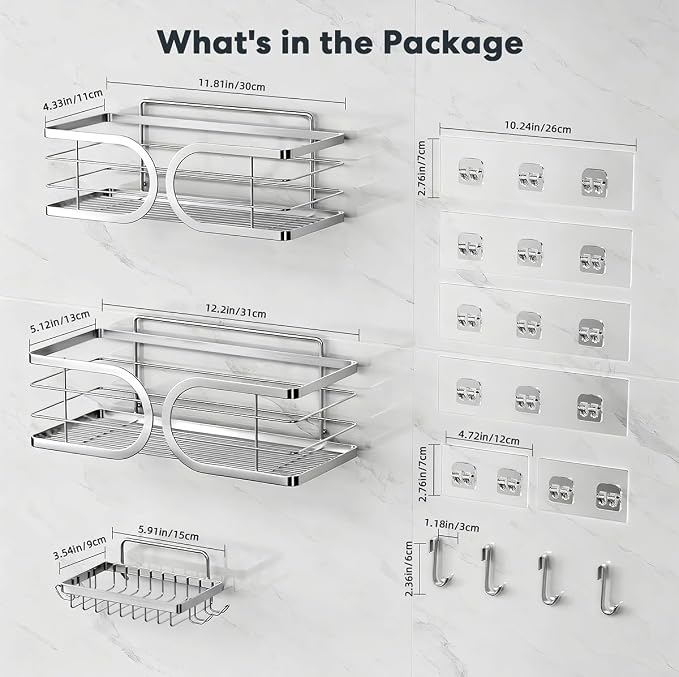 Shower Caddy 3 Pack Adhesive 304 Stainless Steel Shelves No Drill Durable Large - Image 5