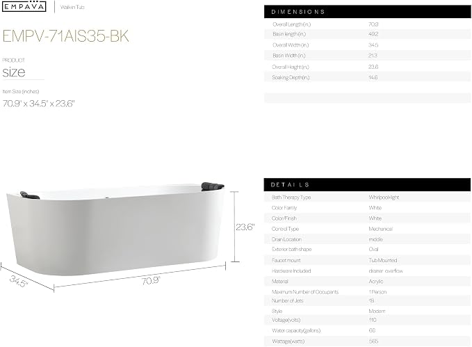Empava Update Acrylic Whirlpool Bathtub, 71-Inch Freestanding Gracefully Oval - Image 9