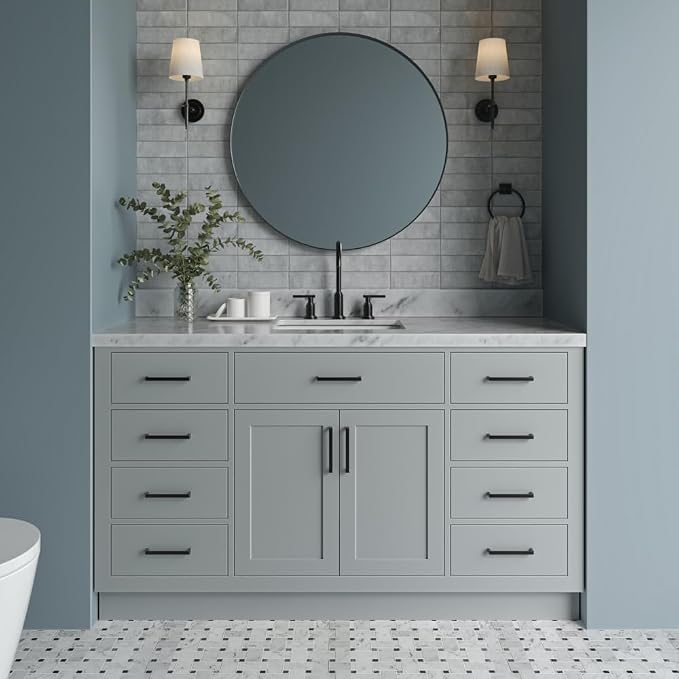 ARIEL 61" Grey Bathroom Vanity, 1.5" Edge Italian Carrara Marble Countertop & - Image 5