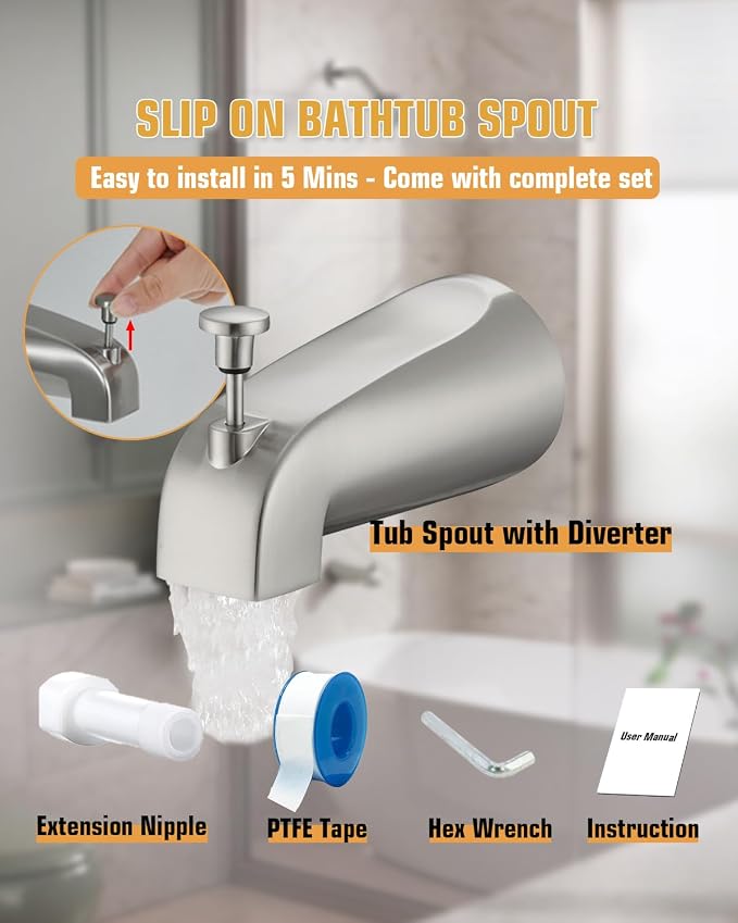 Tub Spout with Diverter, Slip On Bathtub Spout Fits 1/2'' Copper Tube, Bathroom - Image 6