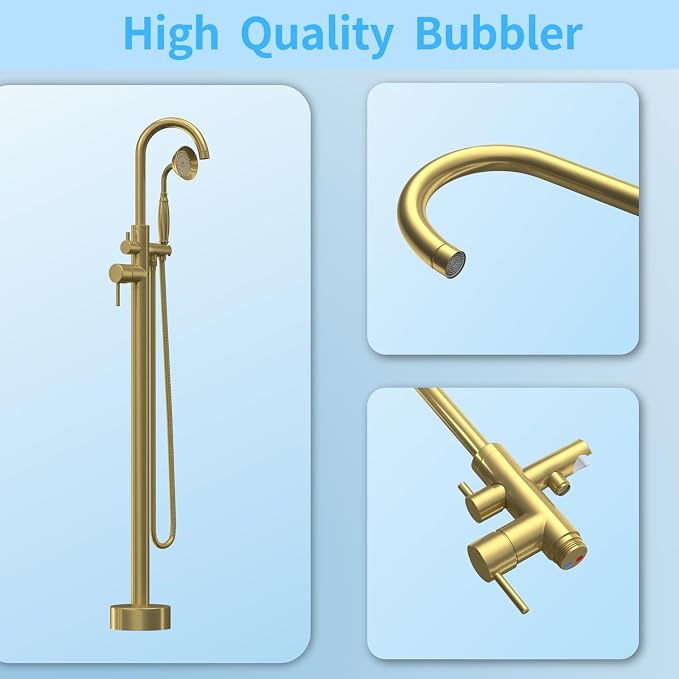 Freestanding Tub Filler Brushed Gold Floor Mount Bathtub Faucet Bathroom - Image 4