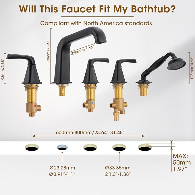 Roman Tub Faucet with Sprayer, Garden Tub Faucet with Valve, Brass 5 Hole 3 - Image 6