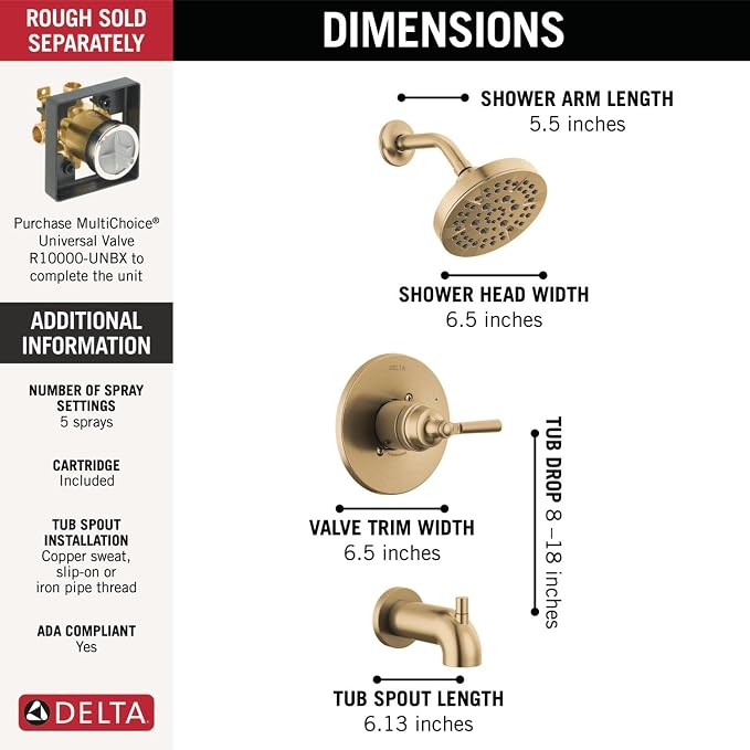 Delta Faucet Saylor 14 Series Gold Tub and Shower Faucet Combo, Bathtub and - Image 3