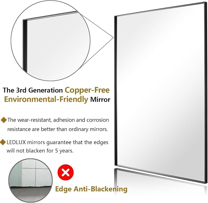 30x36 Inch Black Bathroom Mirror, Copper-Free Mirror, Aluminum Alloy Frame - Image 3