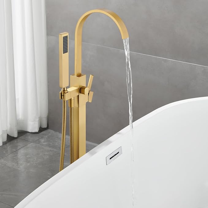 Freestanding Bathtub Faucet Floor Mount Tub Filler Brushed Gold Brass Bathroom - Image 4