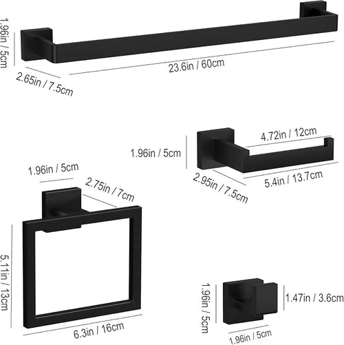 15-Piece Matte Black Bathroom Accessories Set – 23.6" Towel Bar, Towel Ring - Image 2