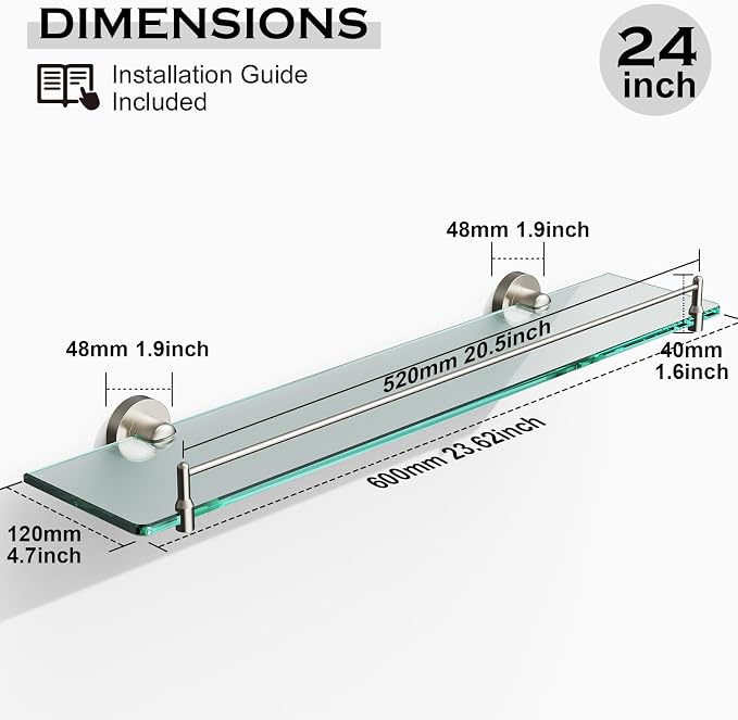 24 Inch Glass Bathroom Shelves, Brushed Nickel Floating Shelves - Image 3
