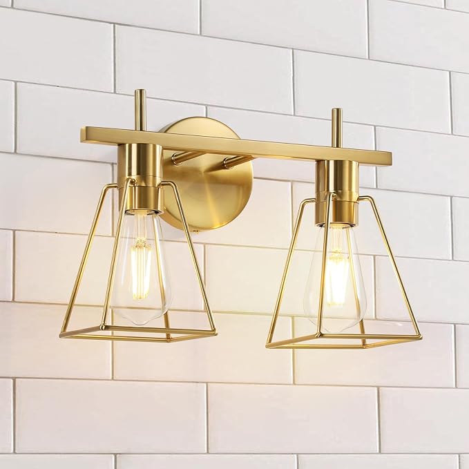 Industrial Bathroom Vanity Lights: 2-Lights Brush Gold Vintage Metal Cage Wall by HAHZT