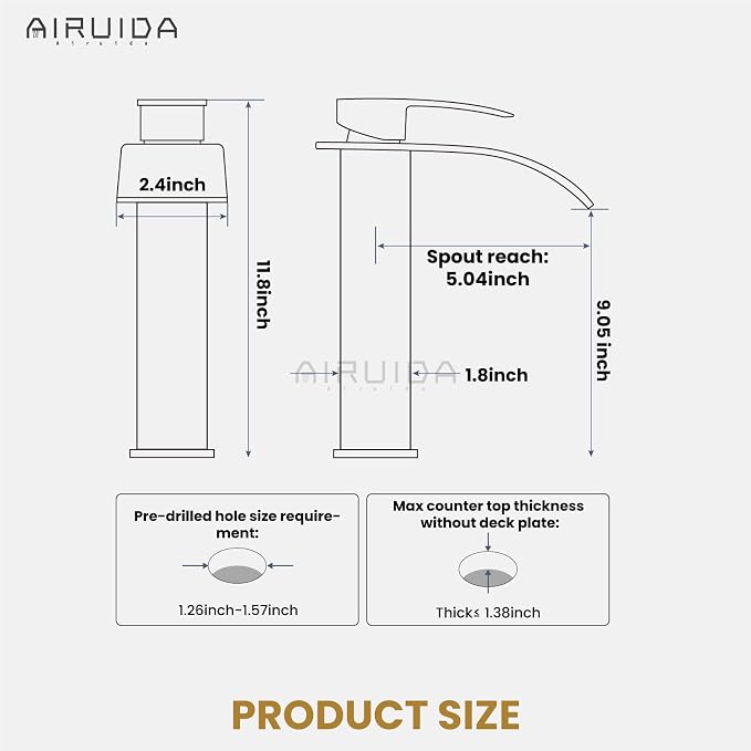 Airuida Waterfall Bathroom Tall Vessel Faucet Matte Black&Brushed Gold Vanity - Image 6