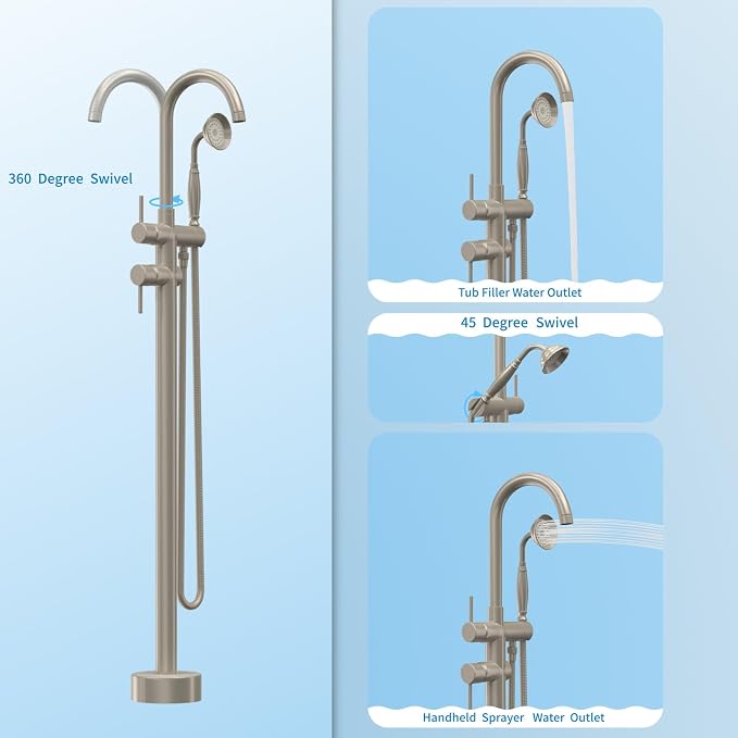 Freestanding Bathtub Faucet, Tub Filler Floor Mount Stand Bathtub Faucet Brass - Image 4