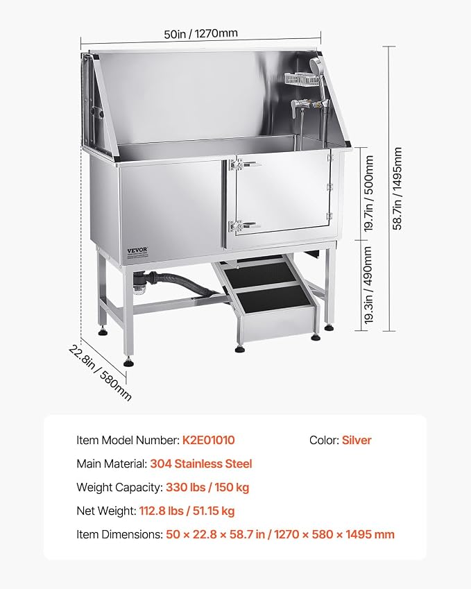 VEVOR Stainless Steel Dog Washing Station, 50 inch Pet Grooming Tub w/Ramp - Image 7