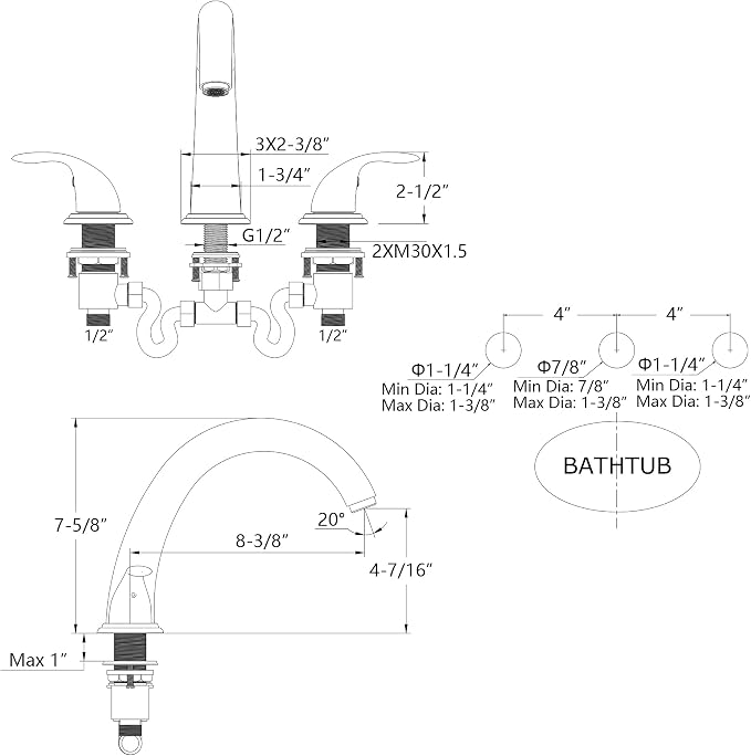 SUMERAIN 2-Handle Widespread Roman Bathtub Faucet Tub Filler - Image 6