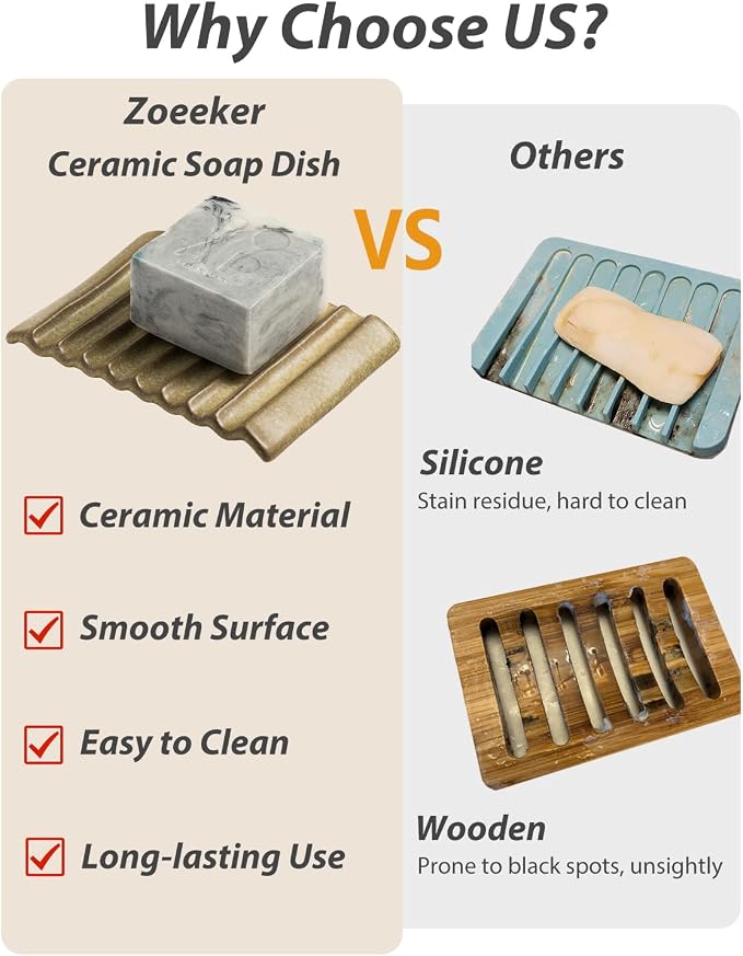 Soap Dish for Countertop with Self Drain, Ceramic Bar Soap Holder for Sink - Image 4