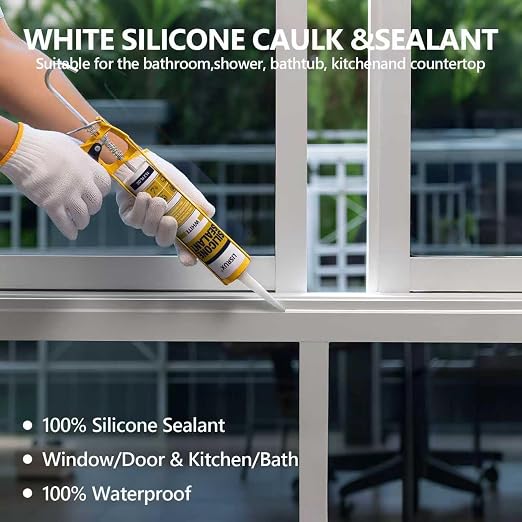 White Advanced Silicone Caulk, 100% Waterproof Silicone Sealant Indoor Outdoor - Image 8