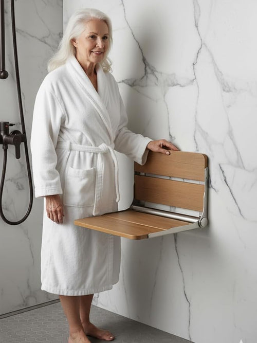 17.5'' Wall Mounted Folding Shower Bench Seat, HDPS Foldable Shower Stool - Image 2