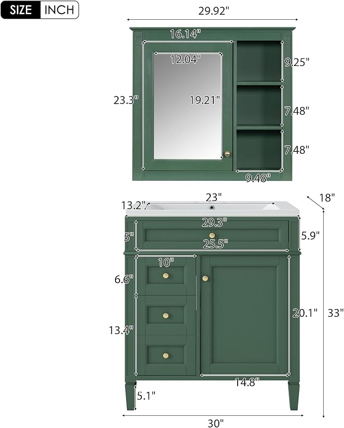 30" Bathroom Vanity with Matching Medicine Cabinet, Modern Sink Storage Cabinet - Image 2