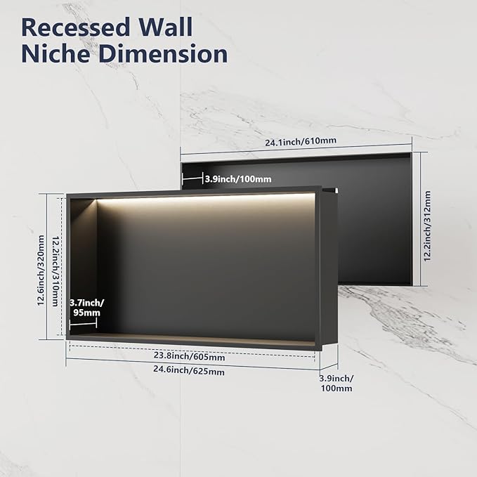 LED Shower Niche 24" x 12", Stainless Steel No Tile Needed Wall Niche - Image 3