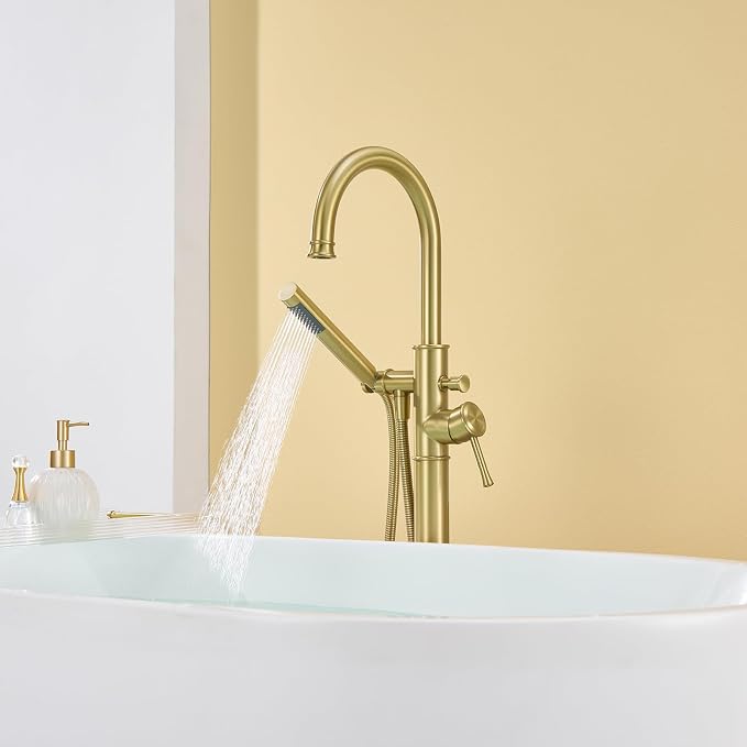 Free Standing Tub Faucet Brushed Gold Freestanding Bathtub Faucet Floor Mount - Image 6