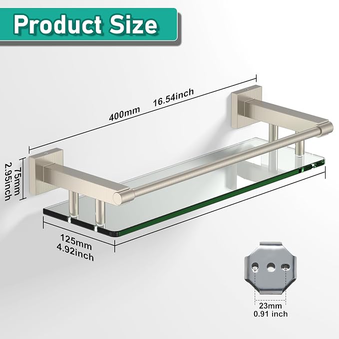 Glass Shelves for Bathroom, 16IN Brushed Nickel Bathroom Shelves for Wall - Image 2