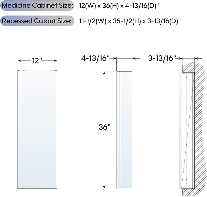 WELLFOR 12" x 36" Bathroom Medicine Cabinet, Anodized Chrome Aluminum Frame - Image 2