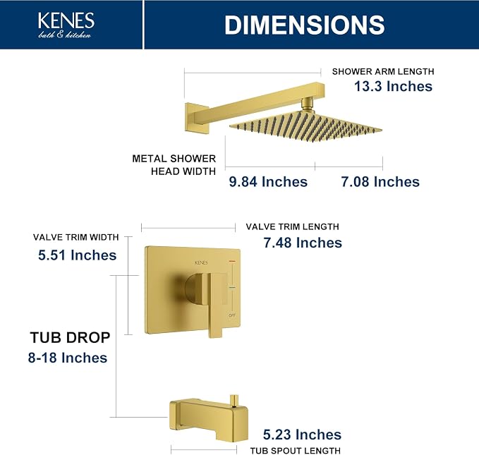 KENES Brushed Gold Tub and Shower Trim Kit, Square Tub Shower Faucet Set - Image 6