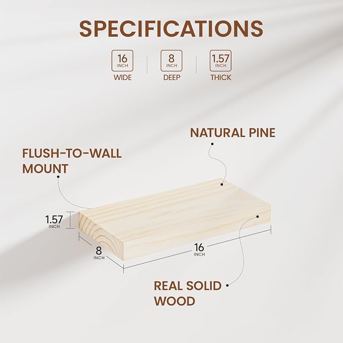 Heimlove Wood Floating Shelves for Wall, 2 Packs 16 inches Natural Pine Solid - Image 2