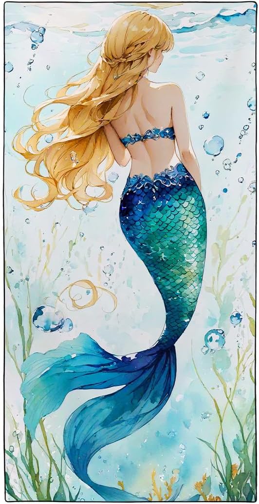 Blue-Green Scallop Mermaid Tail Beach Towel 36"x72" Golden Highlights Quick Dry by Rstick