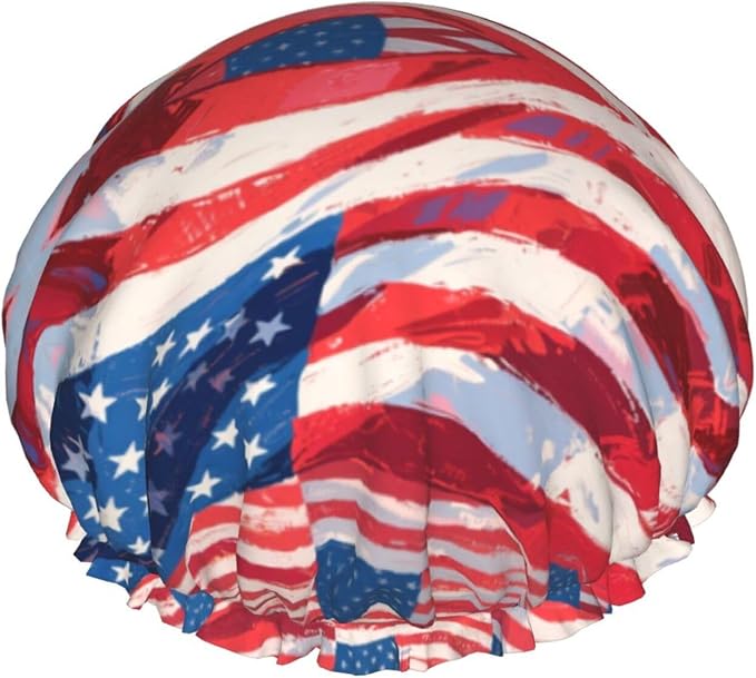 Double Layers Shower Cap for Women Girl, USA Flag Grunge Old American Flag Art by Unknown