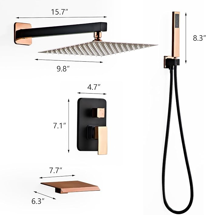 Shower Faucet Set with Tub Spout, Matte Black and Rose Gold Rainfall Shower - Image 7