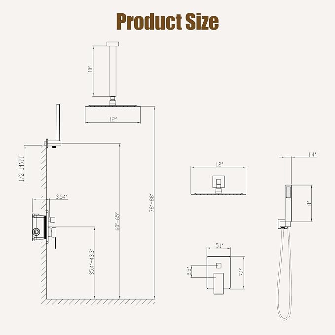 ESNBIA Gold Shower Head System, All Metal 12 Inches Ceiling Shower Faucet Set - Image 7