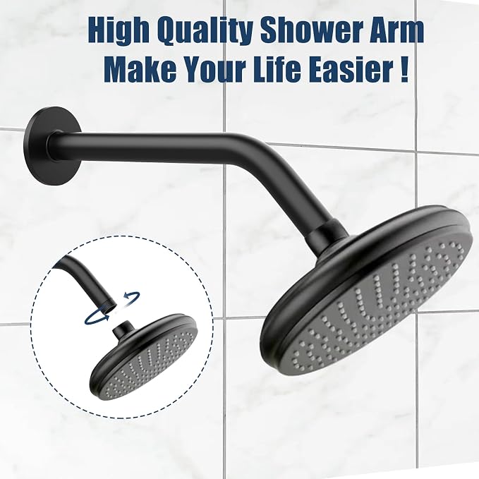 Shower Arm with Flange, 10 Inch Matte Black Shower Pipe, Wall Mount Replacement - Image 2