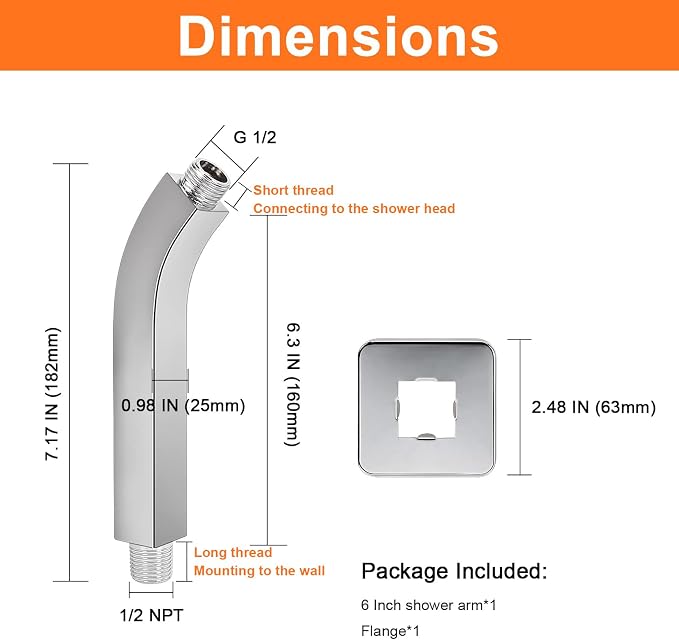 HarJue Shower Arm with Flange and Teflon Tape, Wall Mounted Square Shower Pipe - Image 2