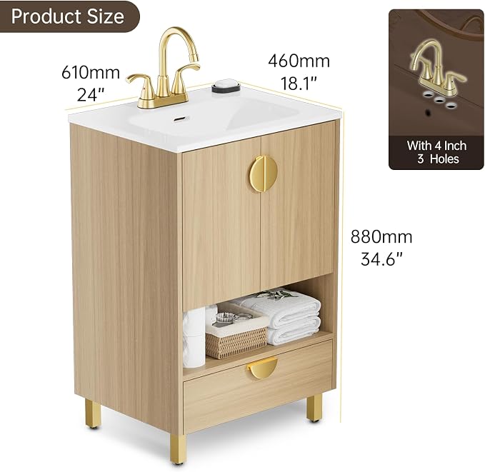 phiestina Fully Pre-Assembled 24 Inch Bathroom Vanity, Freestanding Oak - Image 5