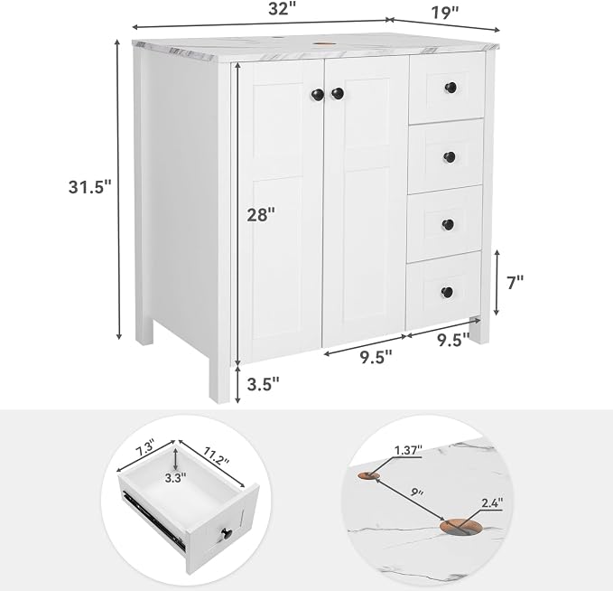 32" White Bathroom Vanity with Engineered Wood Marble Texture Top and 4 Drawers - Image 2