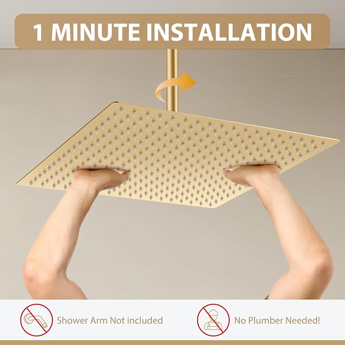 Gold Rain Shower Head, 16 Inch Ultra Thin 304 Stainless Steel Square Rainfall - Image 5