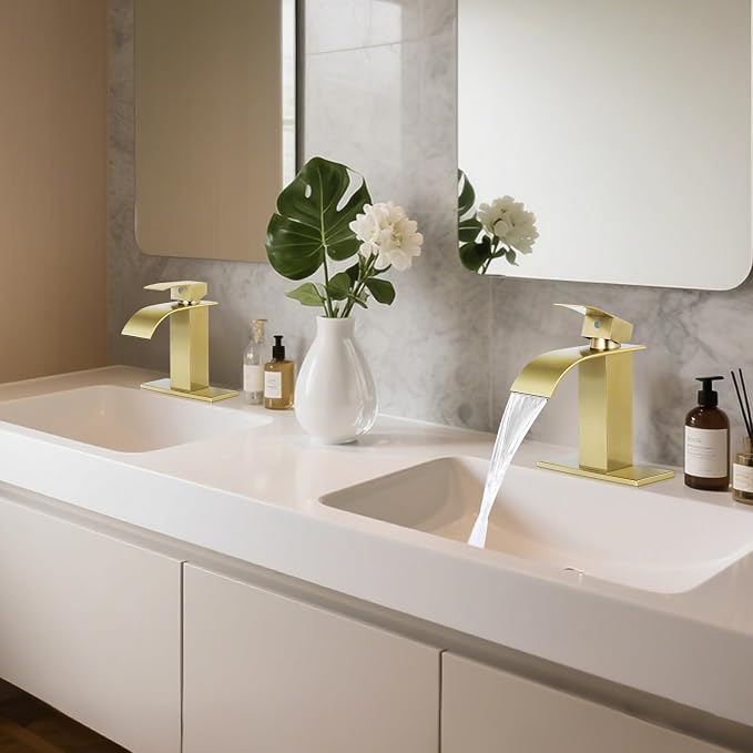 Bathroom Faucets Brushed Gold Waterfall Bathroom Sink Faucet Modern Single - Image 4