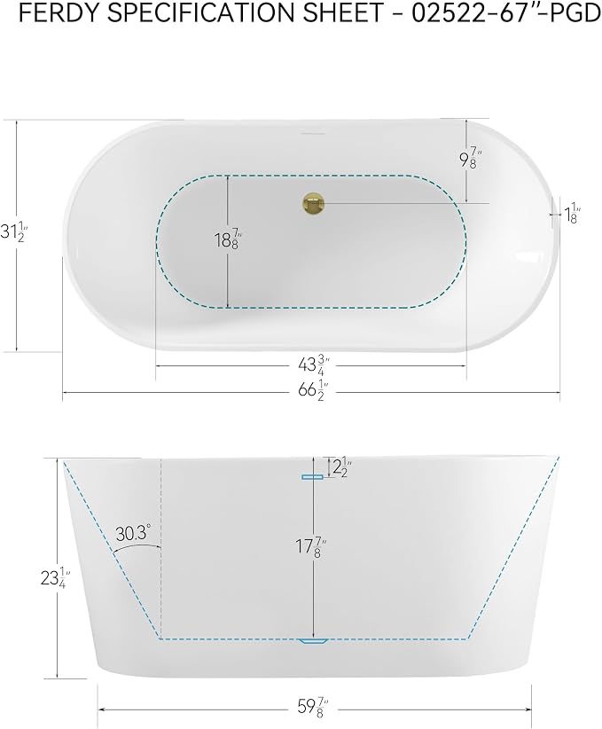 FerdY Shangri-La 67" Acrylic Freestanding Bathtub, Classic Oval Shape Acrylic - Image 7