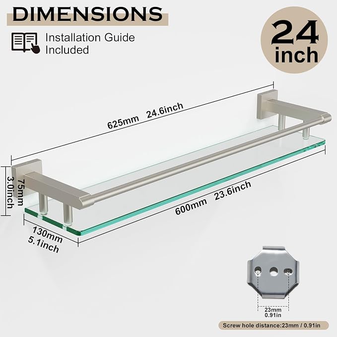 Glass Shelf for Bathroom Wall Sheves 24 inch Rectangular Stainless Steel - Image 2