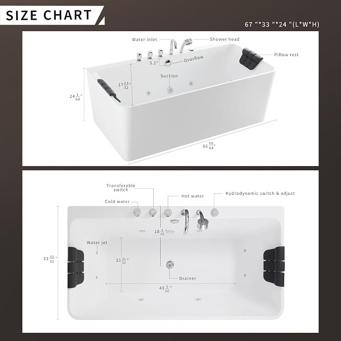 Empava 67 inch Whirlpool Bathtub, Acrylic Freestanding Tub Hydromassage - Image 4